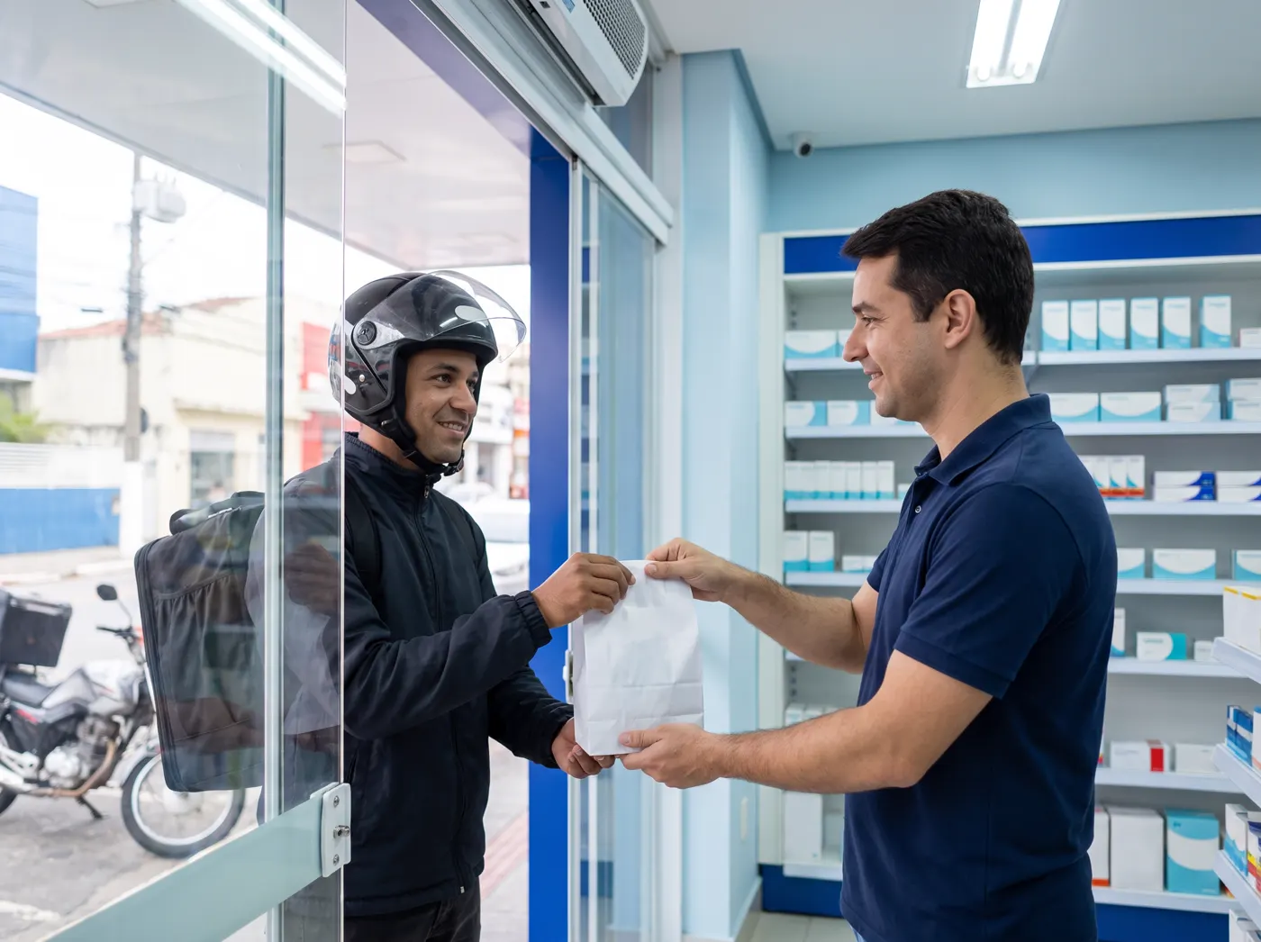 Atendente de farmácia entregando uma sacola de pedido ao entregador de moto na porta da loja