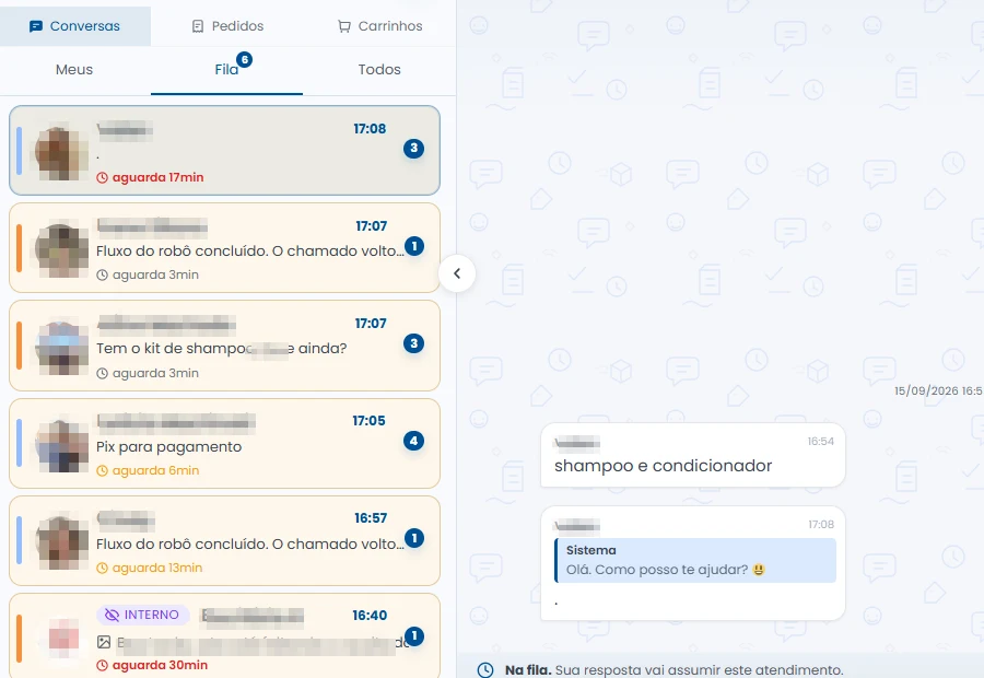 Tela do Zulex Atende com a fila de conversas do WhatsApp, o tempo de espera de cada cliente e as abas de pedidos e carrinhos